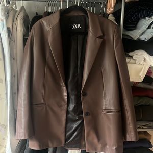 Zara Faux Leather Brown Blazer